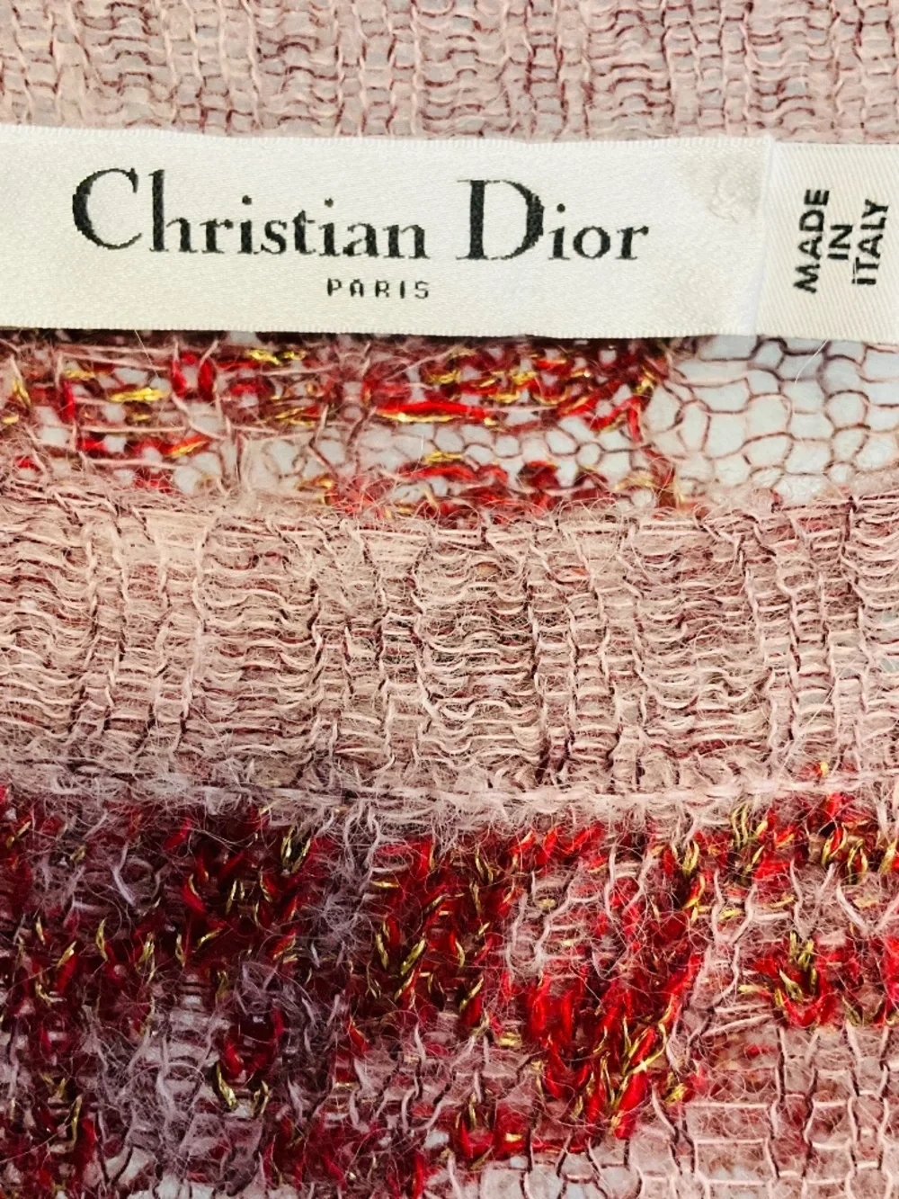 CHRISTIAN DIOR RED / PINK / GOLD METALLIC KNIT SWEATER WITH CD LOGO BEE EMBROIDE